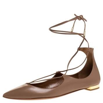 Pre Owned Aquazzura Beige Leather Christy Ankle Wrap Ballet Flats Size 37