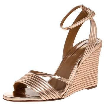 Pre Owned Aquazzura Rose Gold Patent Leather Sundance Wedge Sandals Size 36