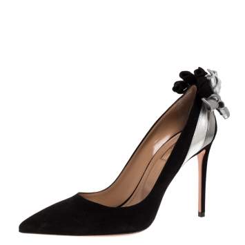 Pre Owned Aquazzura Black/Silver Suede Leather Fire Pointed Toe Pumps Size 38