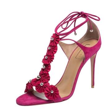 Pre Owned Aquazzura Pink Suede And Fabric Exotic Ankle Wrap Sandals Size 38.5