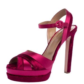 Pre Owned Aquazzura Pink Satin And Velvet Coquette Platform Ankle Strap Sandals Size 40