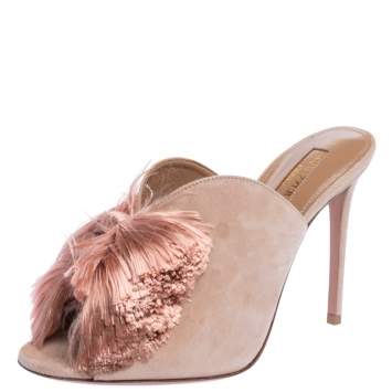 Pre Owned Aquazzura Beige Suede Leather Lotus Blossom Peep Toe Mules Size 36.5