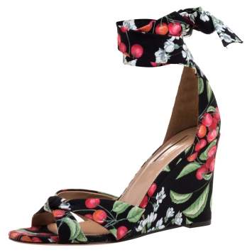 Pre Owned Aquazzura Multiclor Fabric Wedge Ankle Wrap Sandals Size 37