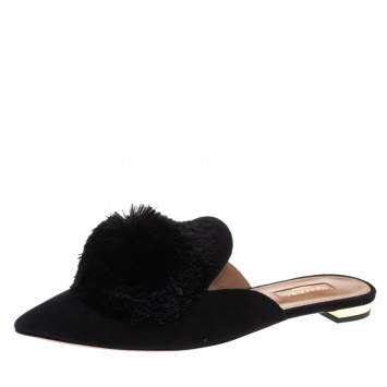 Pre Owned Aquazzura Black Suede Powder Puff Pom Pom Mules Size 37