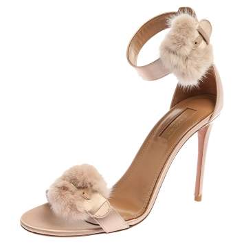 Pre Owned Aquazzura Beige Satin And Mink Fur Sinatra Ankle Cuff Sandals Size 39.5