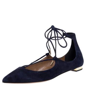 Pre Owned Aquazzura Navy Blue Suede Christy Lace Up Pointed Toe Flats Size 37