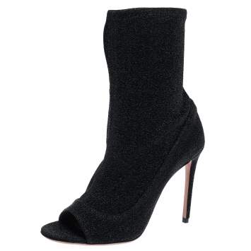 Pre Owned Aquazzura Black Lurex Fabric Eclair Peep Toe Ankle Boots Size 38