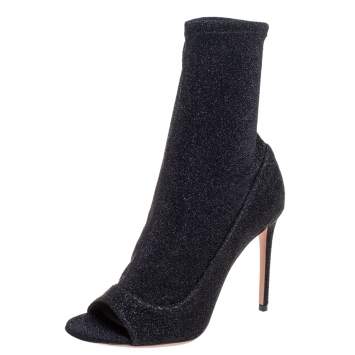 Pre Owned Aquazzura Black Lurex Fabric Eclair Peep Toe Ankle Boots Size 37.5