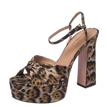 Pre Owned Aquazzura Caramel Leopard Print Jacquard Fabric Baba Plateau Platform Ankle Strap Sandals Size 38