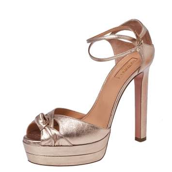 Pre Owned Aquazzura Metallic Bronze Leather Harlow Plateau Platform Ankle Wrap Sandals Size 40