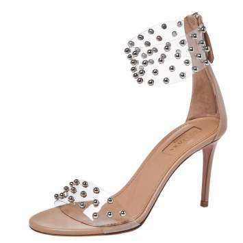 Pre Owned Aquazzura Beige Leather And Studded PVC Illusion Ankle Cuff Sandals Size 35.5
