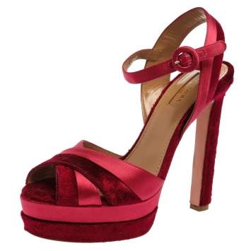 Pre Owned Aquazzura Pink Satin And Velvet Coquette Platform Ankle Strap Sandals Size 38