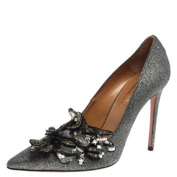 Pre Owned Aquazzura Black Glitter Suede Poison Pointed Toe Pumps Size 38.5