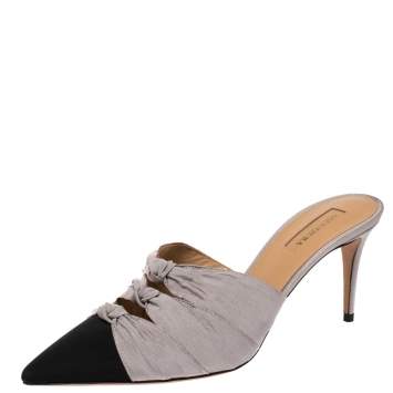 Pre Owned Aquazzura Black/ Grey Canvas Knotted  FaIle Mule Sandals Size 38