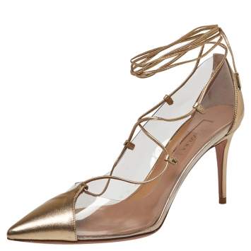 Pre Owned Aquazzura Gold PVC And Leather Magic Pumps Size 37