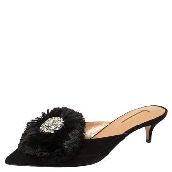 Pre Owned Aquazzura Black Suede Crystal Lotus Embellished Mules Size 36