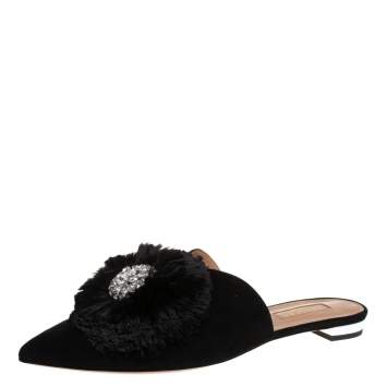 Pre Owned  Aquazzura Black Suede Powder Puff Crystal Embellished Flat Sandals Size 37.5