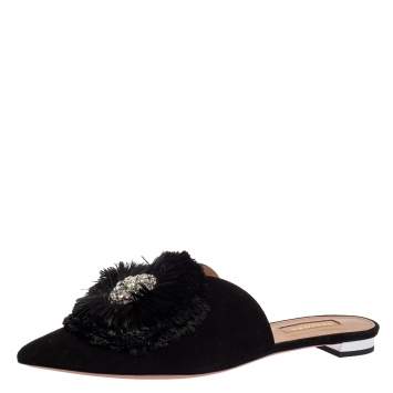 Pre Owned Aquazzura Black Suede Powder Puff Crystal Embellished Flat Sandals Size 37.5