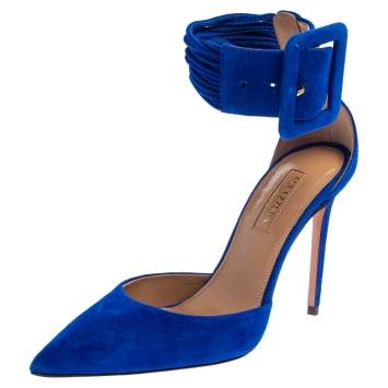Pre Owned Aquazzura Blue Suede Casablanca Ankle Cuff Pumps Size 35