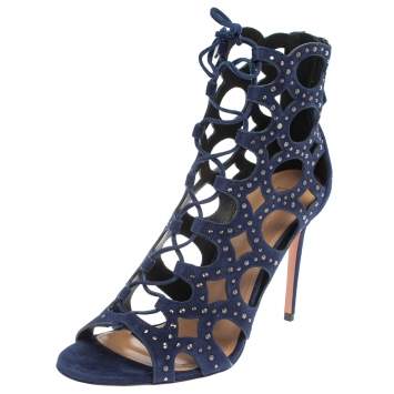 Pre Owned Aquazzura Blue Suede Begum Studded  Cut Out  Lace Up Sandals Size 38