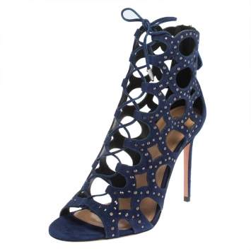Pre Owned Aquazzura Blue Suede Begum Studded Cut Out Lace Up Sandals Size 37.5