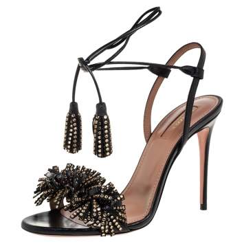 Pre Owned Aquazzura Black Leather Embellishment Ankle Wrap Sandals Size 37.5