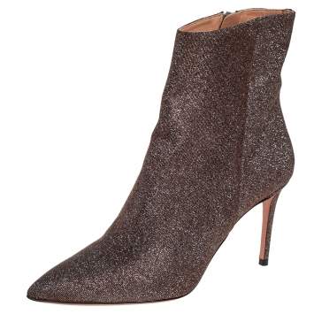 Pre Owned Aquazzura Brown Lurex Fabric Ankle Boots Size 37