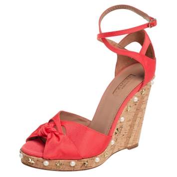 Pre Owned Aquazzura Coral Orange Fabric Harlow Embellished Wedge Sandals Size 40
