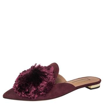 Pre Owned Aquazzura Burgundy Suede Powder Puff Flat Sandals Size 35.5