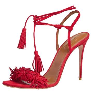 Pre Owned Aquazzura Red Fringed Suede Wild Thing Ankle Wrap Sandals Size 42