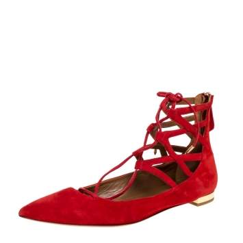 Pre Owned Aquazzura Red Suede Belgravia Ankle Wrap Flats Size 39