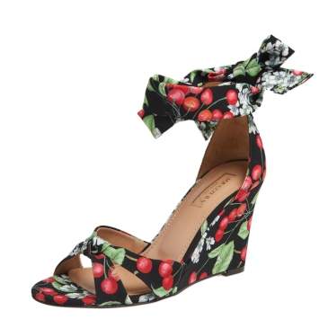 Pre Owned Aquazzura Multicolor Cherry Blossom Print Fabric All Tied Up Wedge Sandals Size 36.5