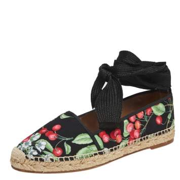 Pre Owned Aquazzura Multicolor Cherry Blossom Print Fabric Wrap Up Espadrille Flats Size 37.5
