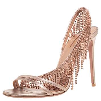 Pre Owned Aquazzura Metallic Gold Leather Crystal Sandals Size 38.5