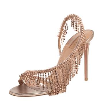 Pre Owned Aquazzura Metallic Gold Leather Crystal Embellished Chateau Slingback Sandals Size 39