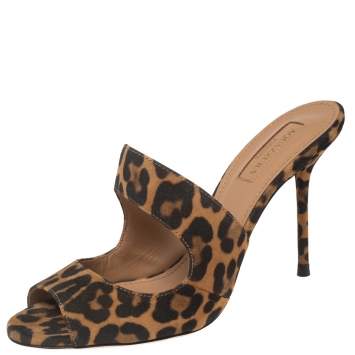 Pre Owned Aquazzura Brown/Black Leopard Print Suede Slide Sandals Size 36
