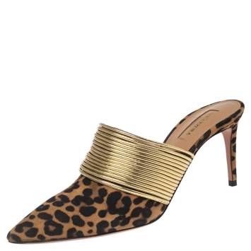 Pre Owned Aquazzura Brown Leopard Print Suede and Gold Faux Leather Rendez Vous Mule Sandals Size 37
