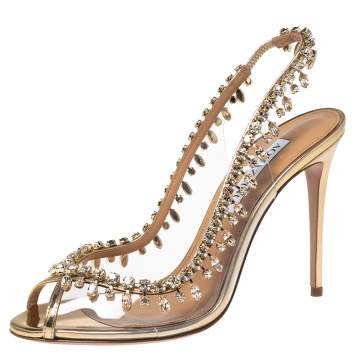 Pre Owned Aquazzura Gold Leather and PVC Temptation Slingback Sandals Size 37