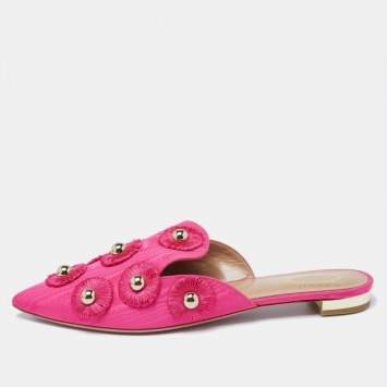Pre Owned Aquazzura Hot Pink Moire Fabric Sunflower Flat Mules Size 39