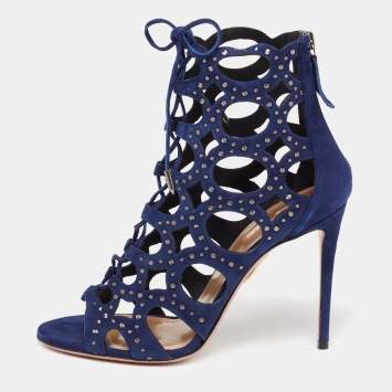 Pre Owned Aquazzura Blue Laser Cut Suede Begum Studded Lace Up Sandals Size 39
