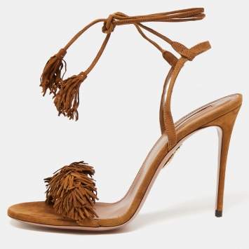 Pre Owned Aquazzura Brown Suede Fringed  Wild Thing Ankle Wrap Sandals Size 42