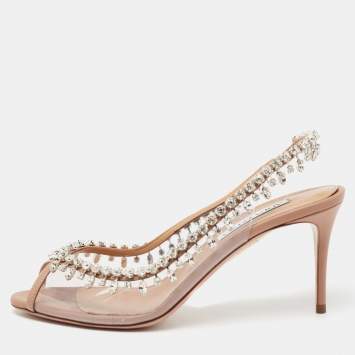 Pre Owned Aquazzura Beige Leather and PVC Temptation Crystal Embellished Slingback Pumps Size 39
