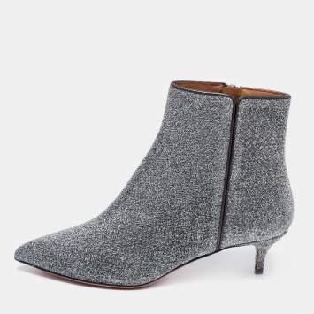 Pre Owned Aquazzura Silver Lurex Fabric Ankle Boots Size 36