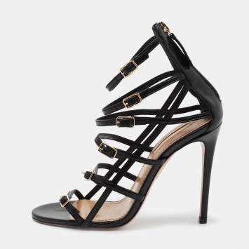 Pre Owned Aquazzura Black Leather Super Model Cage Sandals Size 35