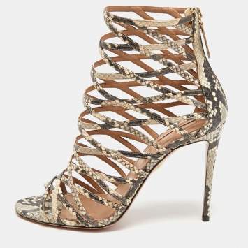 مملوكة مسبقًا Aquazzura Cream/lBlack Python Embossed Leather Knockout Cage Sandals Size 40