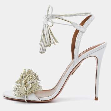 Pre Owned Aquazzura White Leather Fringed Wild Thing Ankle Wrap Sandals Size 40