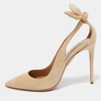 مملوكة مسبقًا Aquazzura Beige Suede Bow Tie Pointed Toe Pumps Size 39.5