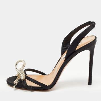 Pre Owned Aquazzura Black Satin Crystal Bow Embellished Babe Slingback Sandals Size 37