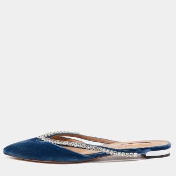 Pre Owned Aquazzura Blue Velvet Sabine Crystal Embellished Pointed Toe Mules  Size 39.5