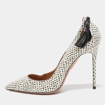 مملوكة مسبقًا Aquazzura Off White/Black Python Forever Marilyn Pumps Size 38.5